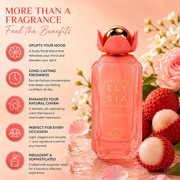 ادو پرفیوم زنانه الیسیا لیچی فیز فرگرانس ورد Fragrance World Elysia Lychee Fizz edp 100Ml - Image 6
